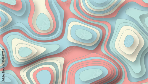 Paper cut topography relief imitation, blue colors multi layers banner. Abstract water flowing liquid texture art design, origami paper cut layer smooth shape vector illustration