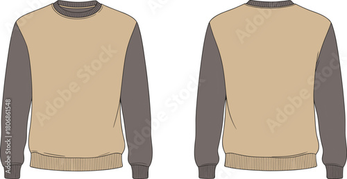 Two tone crewneck sweatshirt flat sketch, long sleeve casual apparel design, ribbed hem cuffs fashion template, clothing illustration garment technical drawing