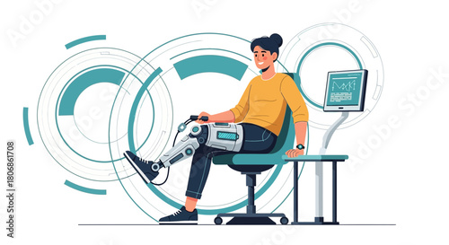 Adaptive technology empowering mobility: Man with robotic leg accessing data for improvement