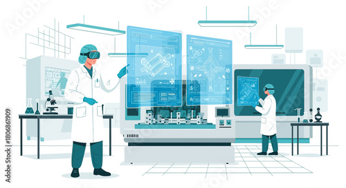 Advanced laboratory research with scientists utilizing augmented reality tools for scientific