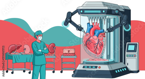 Advanced medical technology concept: 3D bioprinting of a human heart with surgical oversight and