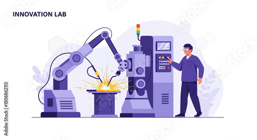 Advanced robotic welding system with operator in a modern innovation laboratory concept