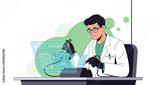 Advanced technology integration through futuristic assembly process with scientist involvement