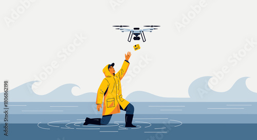 Aerial delivery in coastal environment with drone and person in yellow raincoat in the ocean