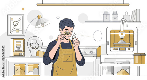 Artisan meticulously examines ring crafted with 3D printing precision in studio