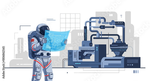 Astronaut analyzing blueprints in futuristic industrial space station engineering setting