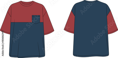 Two tone t-shirt, short sleeve, reddish brown and dark blue, chest pocket, front and back view, casual wear, fashion apparel