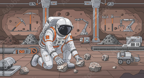 Astronaut excavating rocks for research purposes in an alien landscape expedition and exploration