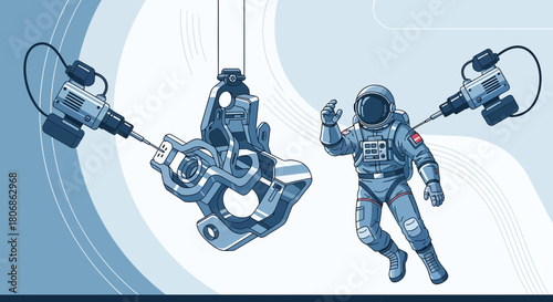 Astronaut facing a mechanical assembly line with robotic arms in a space themed environment