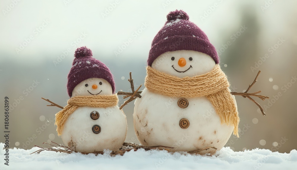 Obraz premium Two charming snow figures dressed in knitwear stand side by side outdoors in soft light
