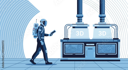 Astronaut inspecting 3D printing equipment in a futuristic manufacturing facility concept
