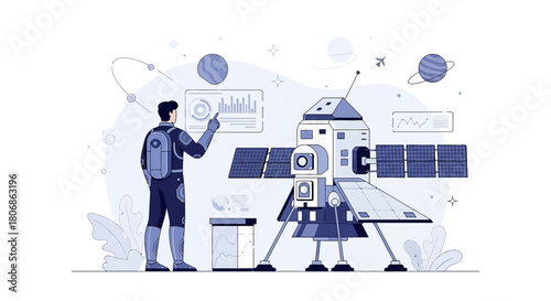 Astronaut interacting with a space station interface for data collection and analysis of planetary