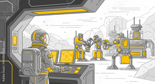 Astronaut monitors robotic construction on distant lunar surface from futuristic habitat