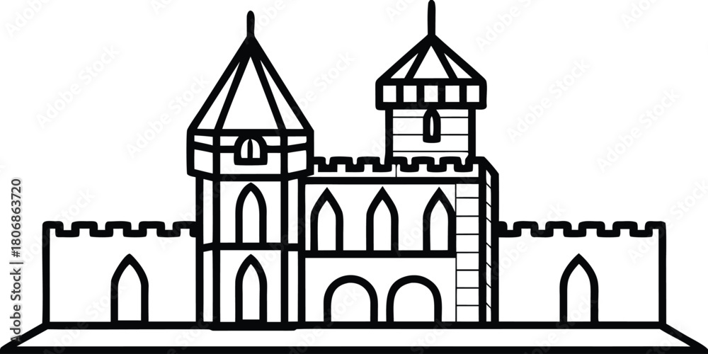 Obraz premium Simple outline drawing of a medieval castle with towers and battlements