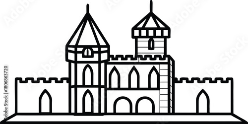 Simple outline drawing of a medieval castle with towers and battlements