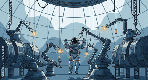 Astronaut's weightless predicament surrounded by robotic arms in a futuristic laboratory
