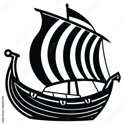 Black and white illustration of a viking longship with striped sails