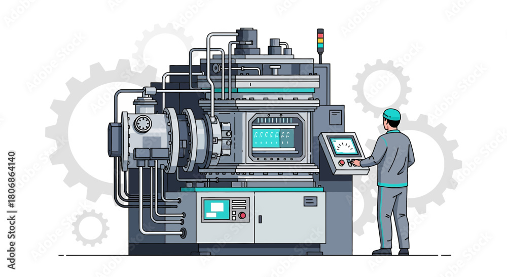 Fototapeta premium Automated industrial process with a worker operating heavy machinery in a modern factory setting