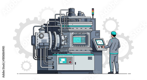 Automated industrial process with a worker operating heavy machinery in a modern factory setting