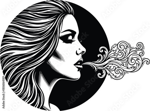 Woman blowing smoke vector illustration black and white art graphic eps silhouette
