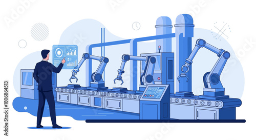 Automated manufacturing system with robotic arms and control interface illustration