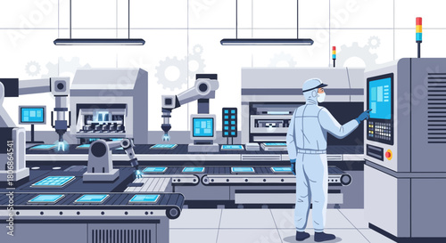 Automated manufacturing production line with robotic arms and factory worker in cleanroom suits