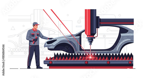 Automated precision: Laser cutting technology in car manufacturing process illustration