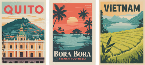 Bora retro travel posters highlighting vietnam and quito in mid-century style, featuring iconic scenery, bold graphic colors, and flat vector illustrations ideal for destination artwork.