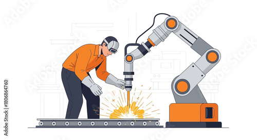 Automated welding process in the industrial sector with robotic arm and human assistance for
