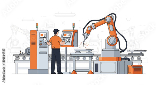 Automated welding workstation with robotic arm and human operator performing tasks in factory