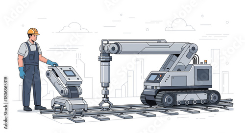 Concept illustration of engineer overseeing advanced robotics on rail system in industrial