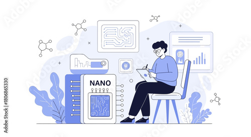 Conceptual illustration of a scientist working on nanotechnology innovation and development for