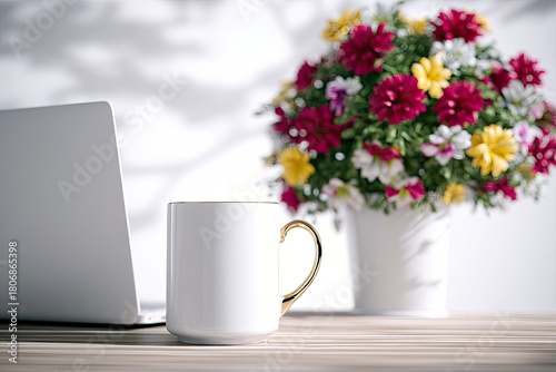 Wallpaper Mural A close-up shot of a white mug with a golden handle, a laptop, and a bouquet of colorful flowers on a wooden surface. Torontodigital.ca