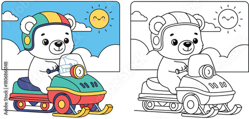 Cute polar bear riding a snowmobile coloring book page vector illustration. Cartoon animal driver with colored example and outline sketch for kids activity.