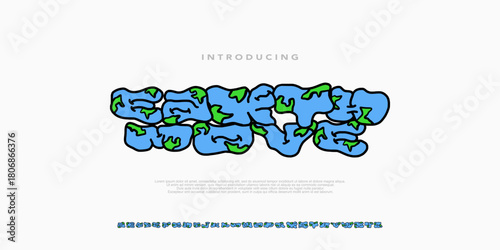 Earth move modern cartoon font. World Graffiti bubble ABC letters isolated on white. Creative alphabet for ecology, nature design. Vector illustration