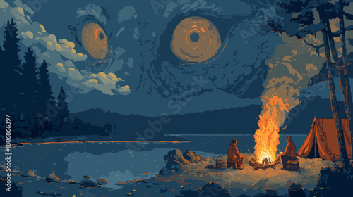 Campfire at the lake spooky illustration