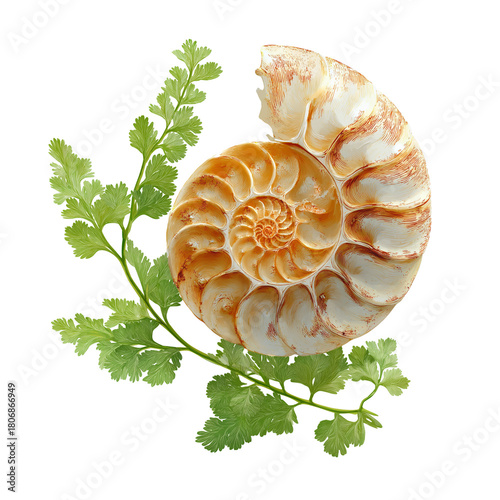 Nautilus petal fern with spiraled seashell-inspired fronds, isolated on a white background, clear edges, botanical clipart style