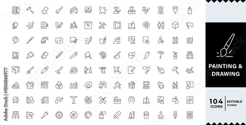 Pixel Perfect, Painting and drawing line icon set. Artist, paints and brush, art tools, palette, pencil and picture. Outline vector icon in linear style.