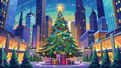 Very beautiful towering Christmas tree in Bryant Park, New York City, adorned with festive lights and decorations, set against the backdrop of gleaming city skyscrapers, capturing the holiday spirit i