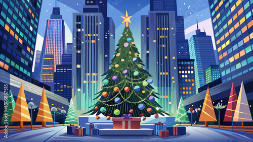 Very beautiful towering Christmas tree in Bryant Park, New York City, adorned with festive lights and decorations, set against the backdrop of gleaming city skyscrapers, capturing the holiday spirit i