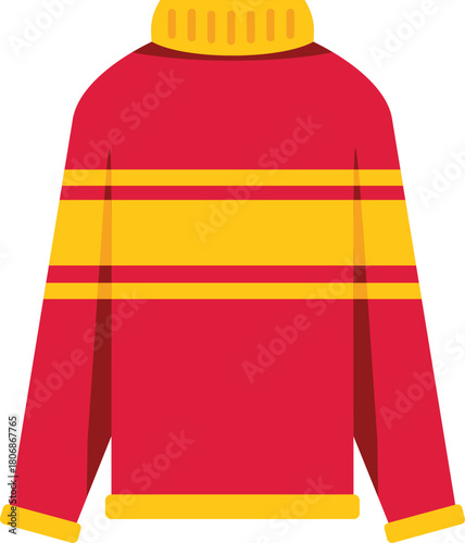 Red winter turtleneck sweater with yellow stripes, perfect for keeping warm during cold weather