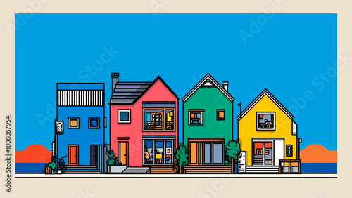 Four Modern Architectural Homes With Colorful Panels Illustration