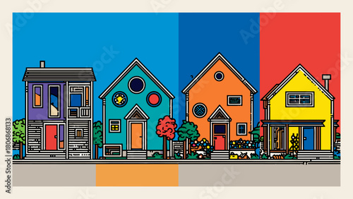 Row of Colorful Suburban Homes With Geometric Windows Illustration