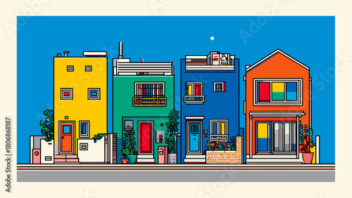 Colorful Street of Modern Homes Vector Illustration
