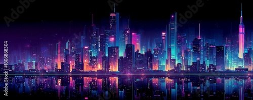 Vibrant cityscape at night with reflections on water showcasing neon lights, concept for urban exploration, futuristic architecture and digital art