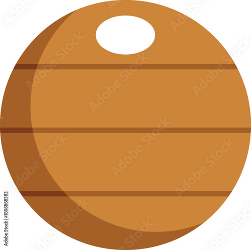 Round light brown wooden chopping board with hole and stripes isolated on white background