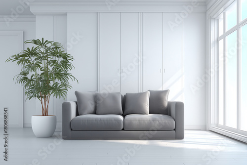 明るいリビングルームのモダンなソファと観葉植物