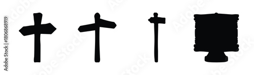 Silhouettes of varied road signs and a stacked book icon set