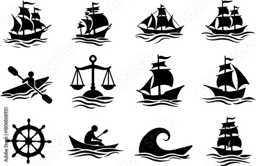 Nautical Silhouette Collection of Ships, Waves, and Maritime Symbols