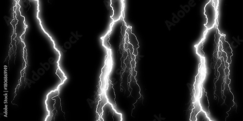 Dramatic Electric Lightning Strikes Abstract Pattern on Black Background.Lightning Effect Overlay, Isolated Electric Thunderstorm Bolt Strikes on Dark Night Sky Background.

